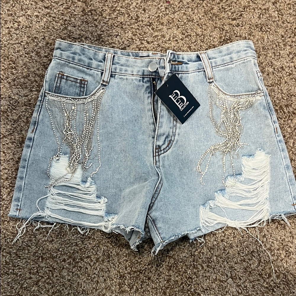 Distressed Light Blue Denim Shorts with Embellishments